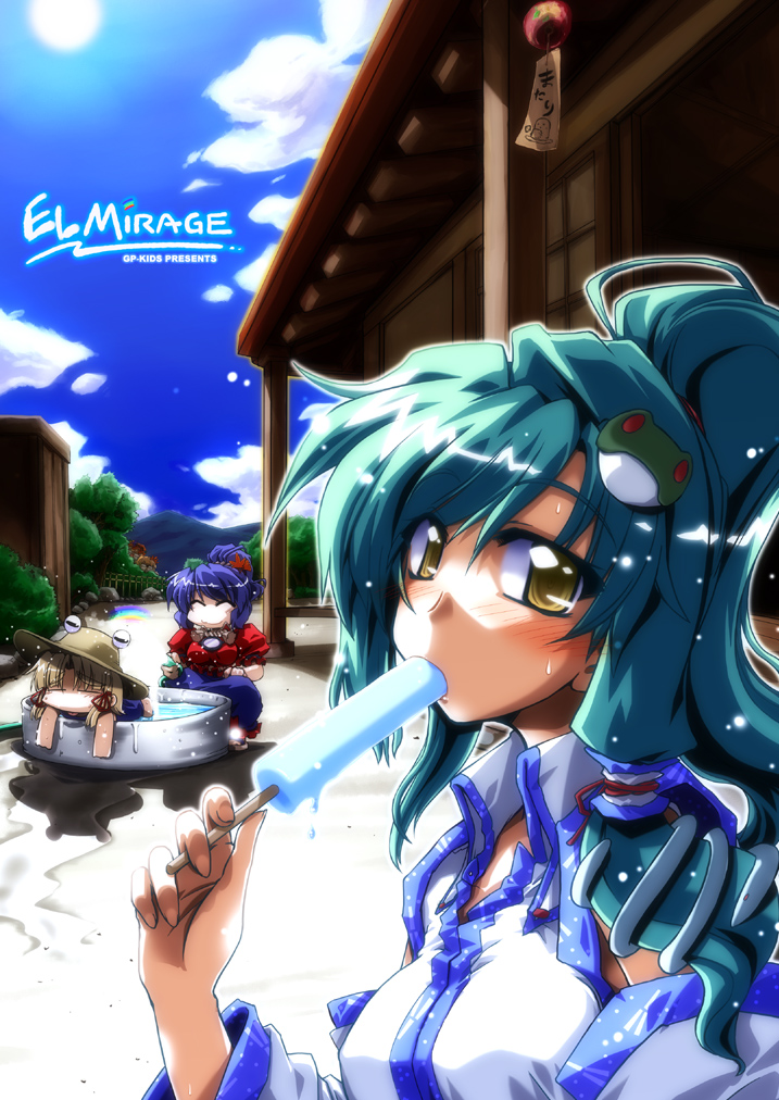 takana shinno, aki minoriko, aki shizuha, kochiya sanae, moriya suwako, yasaka kanako, touhou, 3girls, female focus, food, frog hair ornament, hair ornament, hat, hot, light particles, multiple girls, popsicle, sun, sweat