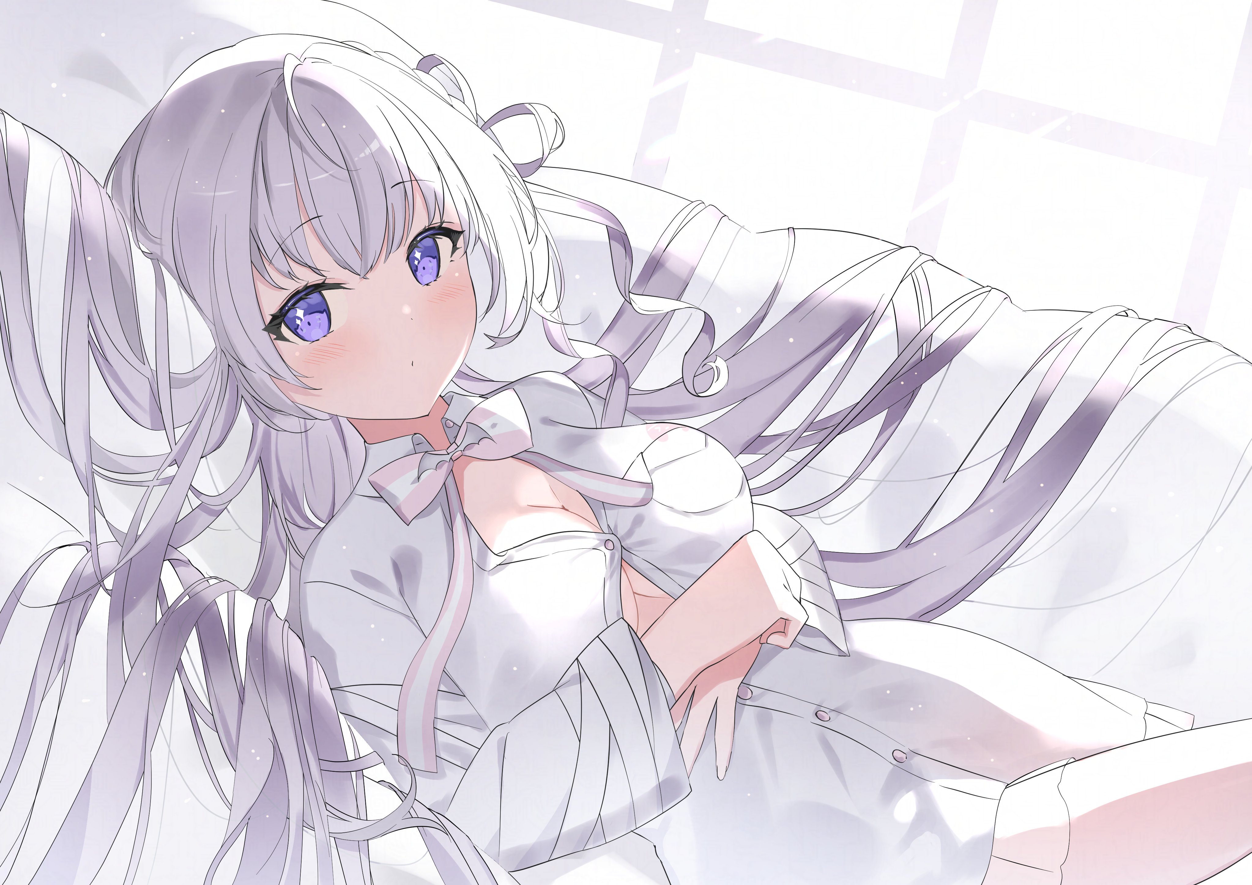 naito mare (vtuber), indie virtual youtuber, absurdres, artist request, commentary request, highres, second-party source, 1girl, bow, bowtie, breast pillow, breasts, cleavage, closed mouth, collared shirt, cowboy shot, dot mouth, grey hair, grey theme, hair spread out, hands on own stomach, large breasts, light blush, long hair, long sleeves, looking at viewer, lying, no bra, on back, partially unbuttoned, pink bow, pink bowtie, purple eyes, shirt, solo, striped bow, striped bowtie, striped clothes, virtual youtuber, white shirt, wing collar, wispy bangs