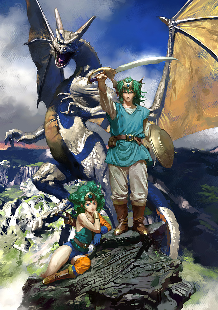 itou satoshi, hero (dq4), heroine (dq4), chunsoft, dragon quest, dragon quest iv, enix, square enix, 1boy, 1girl, asymmetrical clothes, bare shoulders, belt, belt pouch, big hair, boots, circlet, day, dragon, green hair, long hair, long sleeves, mountain, pants, pouch, realistic, shield, sky, sword, weapon, wristband