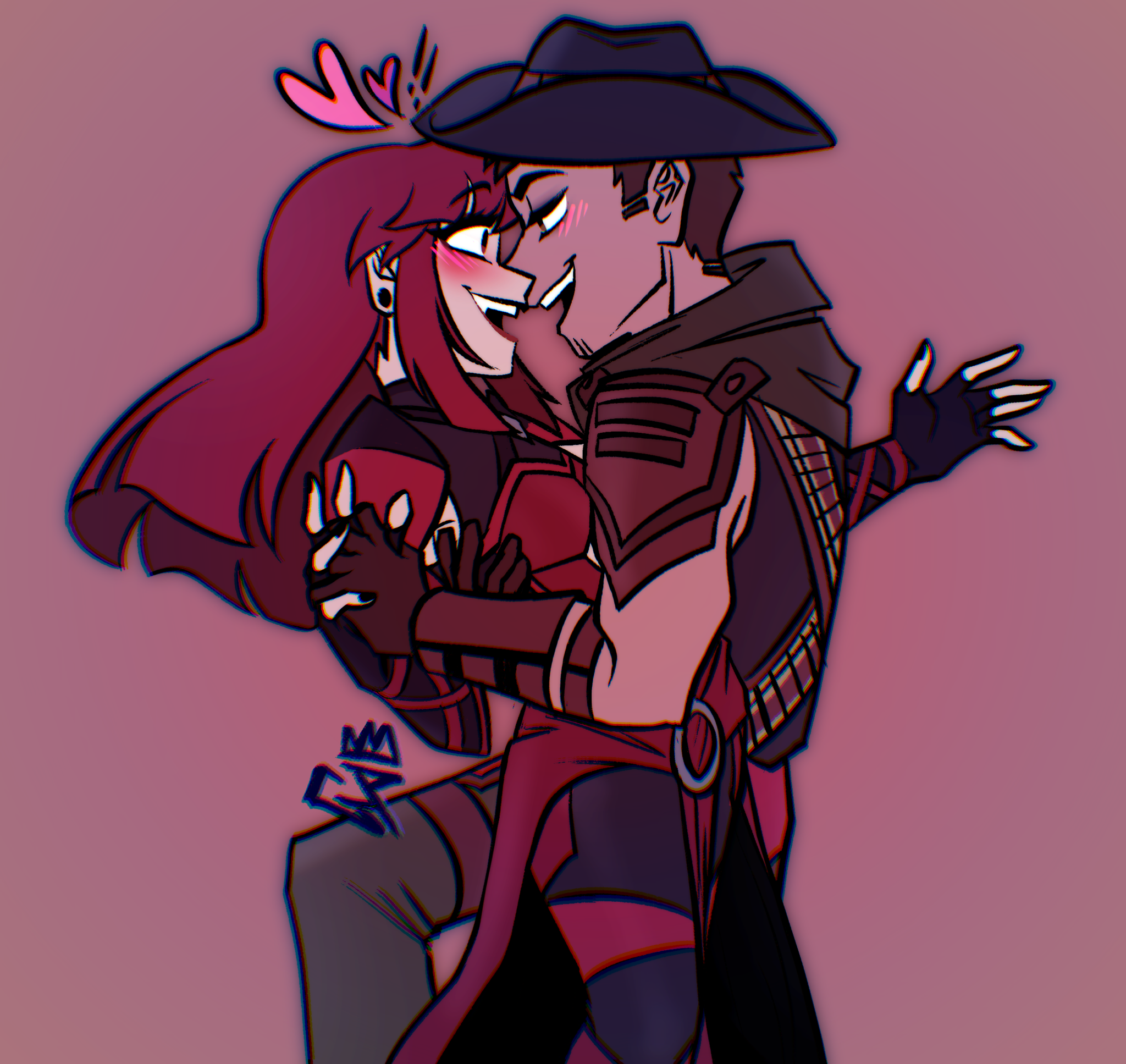 gothiccprince, erron black, skarlet, mortal kombat (series), mortal kombat 11, commentary, english commentary, highres, 1boy, 1girl, brown hair, couple, cowboy, happy, hat, heart, hetero, interlocked fingers, long hair, open mouth, red background, red hair, short hair, simple background, western
