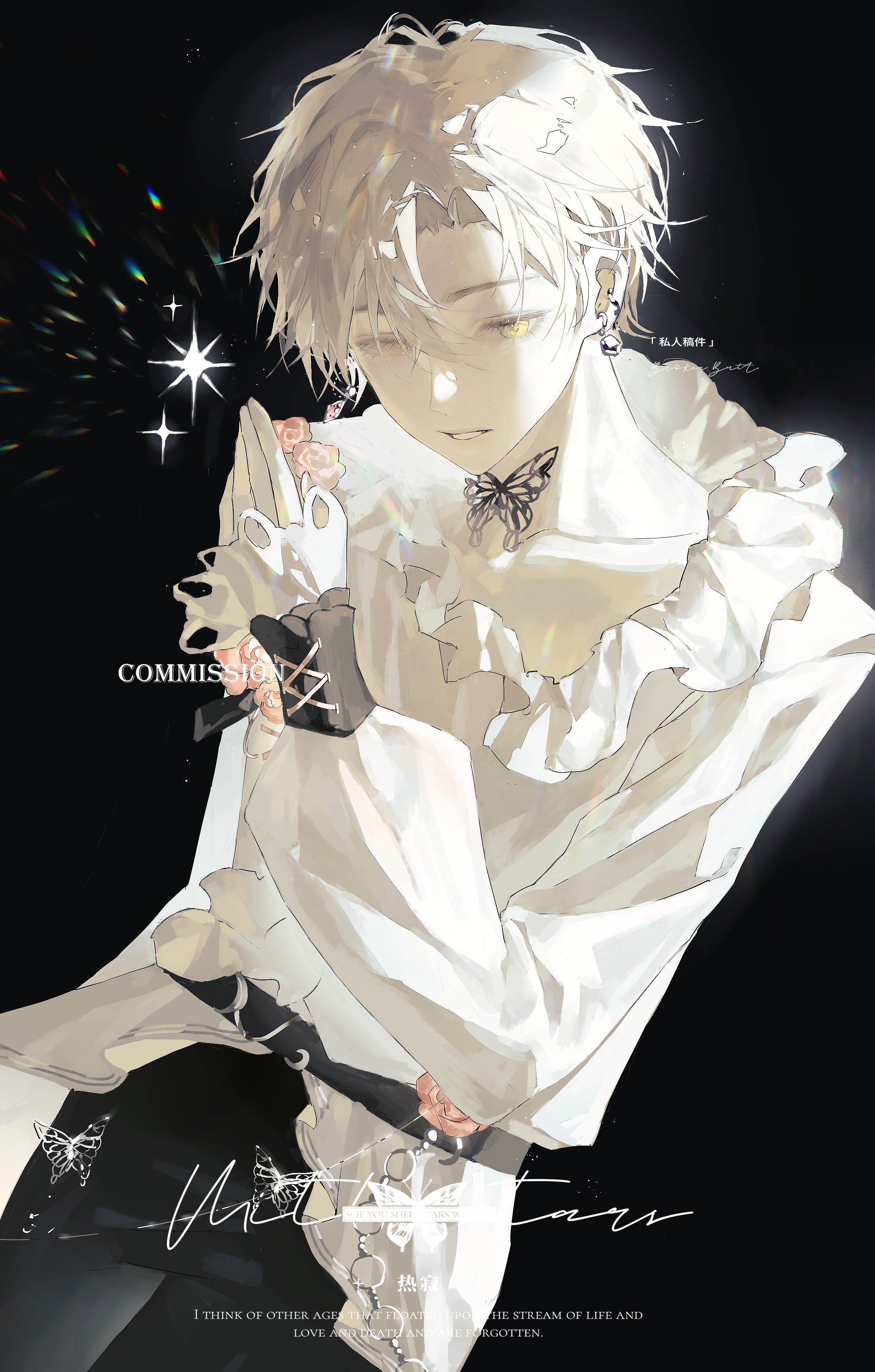 reji (weibo 6496333450), absurdres, highres, 1boy, belt, bishounen, black pants, cowboy shot, earrings, flower, frills, glint, jewelry, long sleeves, male focus, neck, pants, parted lips, piercing, shirt, short hair, solo, sparkle, tattoo, white hair, white shirt, yellow eyes