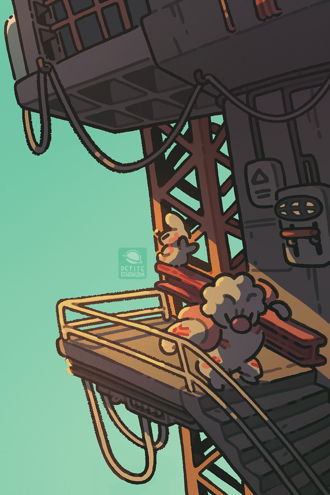 petite echorizon, gurdurr, timburr, nintendo, pokemon, commentary, english commentary, highres, blue sky, closed eyes, colored skin, construction site, gen 5 pokemon, grey skin, holding, i-beam, muscular, pokemon (creature), sitting, sky, stairs, wire