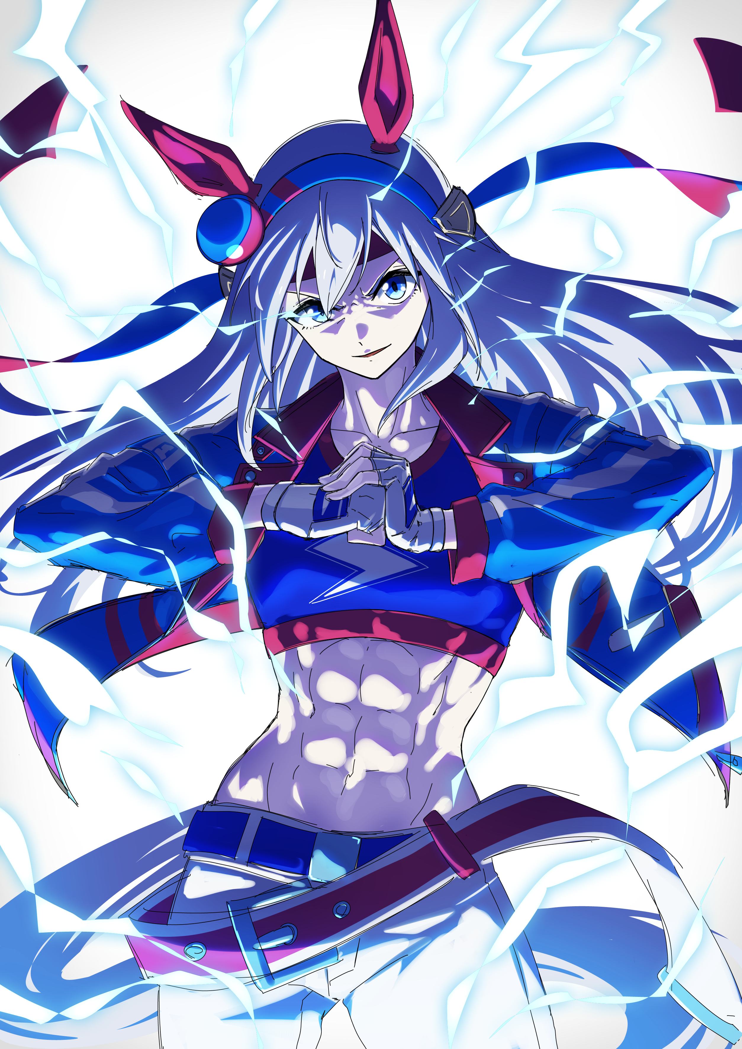 senchan 7, tamamo cross (umamusume), tamamo cross (with lightning speed) (umamusume), umamusume, umamusume: cinderella gray, absurdres, commentary, highres, symbol-only commentary, 1girl, abs, animal ears, belt, blue eyes, blue hairband, blue jacket, breasts, collarbone, cowboy shot, cracking knuckles, ear covers, electricity, fingerless gloves, gloves, grey hair, grey tail, groin, hair between eyes, hairband, headband, horse ears, horse girl, horse tail, jacket, lightning, lightning bolt print, lightning bolt symbol, long hair, long sleeves, looking at viewer, midriff, navel, pants, parted lips, red belt, red headband, sidelocks, small breasts, solo, standing, tail, very long hair, white pants