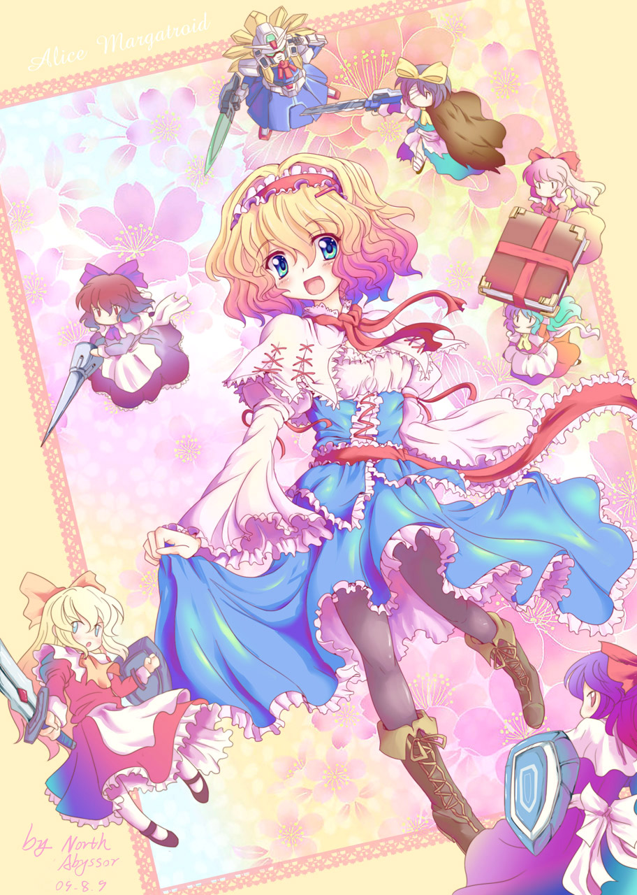 north abyssor, alice margatroid, exia, gundam exia, shanghai doll, gundam, gundam 00, touhou, highres, 1girl, aqua eyes, blonde hair, blue eyes, book, boots, clothes lift, doll, female focus, frills, gradient hair, hairband, lace-up boots, lance, long hair, multicolored hair, pantyhose, parody, plant, polearm, shield, short hair, skirt, skirt lift, solo, sword, weapon