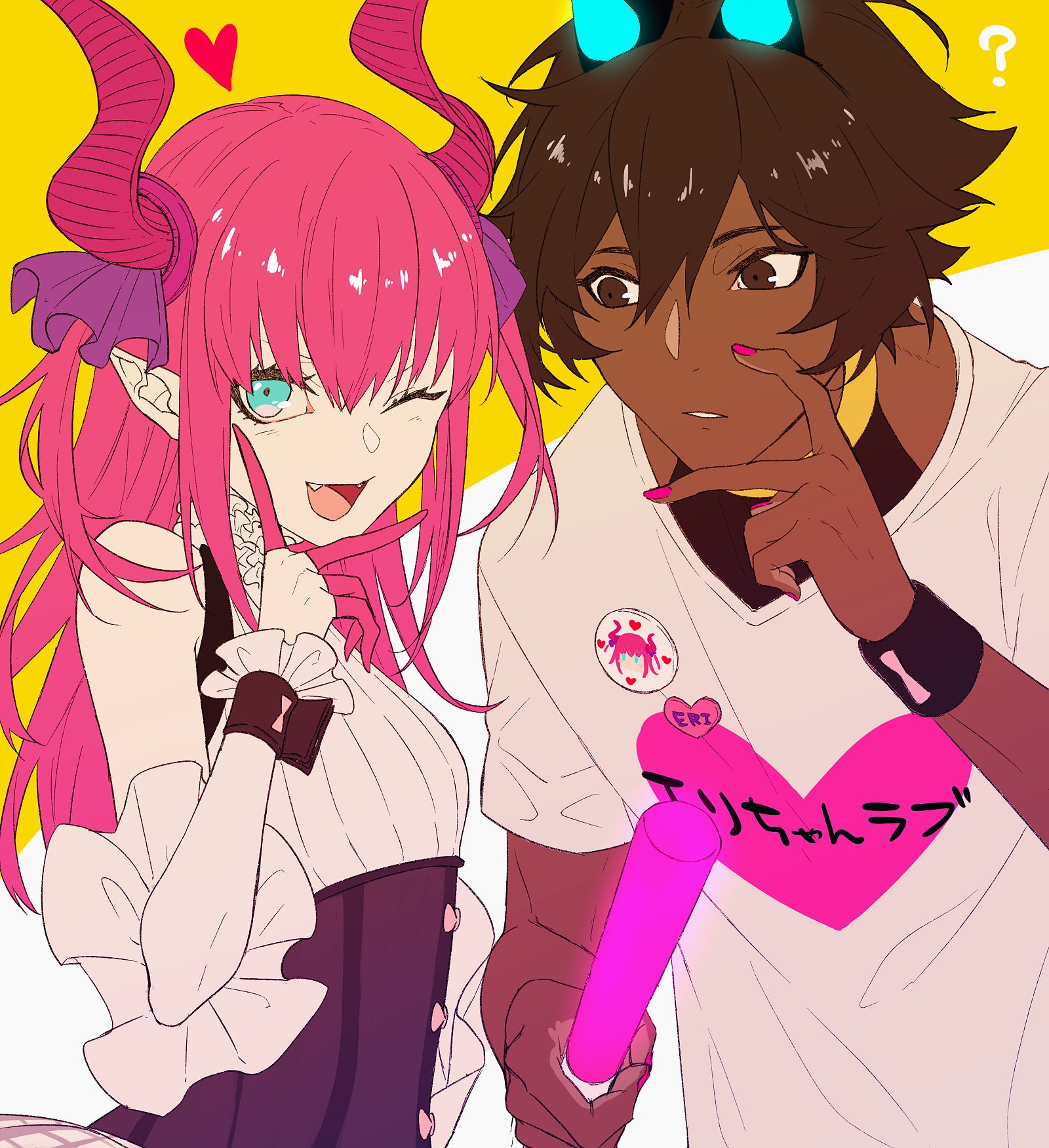 fuka (hk nemo), arjuna (fate), arjuna alter (fate), elizabeth bathory (fate), fate/grand order, fate (series), commentary request, highres, 1boy, 1girl, ?, blue eyes, brown eyes, clothes writing, dark-skinned male, dark skin, eyelashes, fangs, glowstick, hair between eyes, holding, holding glowstick, horn ornament, horn ribbon, horns, long hair, one eye closed, open mouth, parted lips, pink hair, pink nails, pointy ears, ribbon, shirt, short hair, white shirt, wrist cuffs, wristband, yellow background