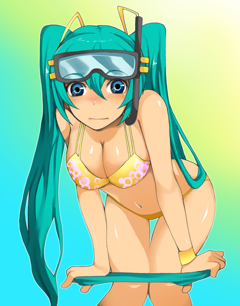 kosame daizu, hatsune miku, vocaloid, bad id, bad pixiv id, 1girl, aqua hair, bent over, bikini, blue eyes, breasts, cleavage, female focus, long hair, solo, swimsuit, twintails, undressing