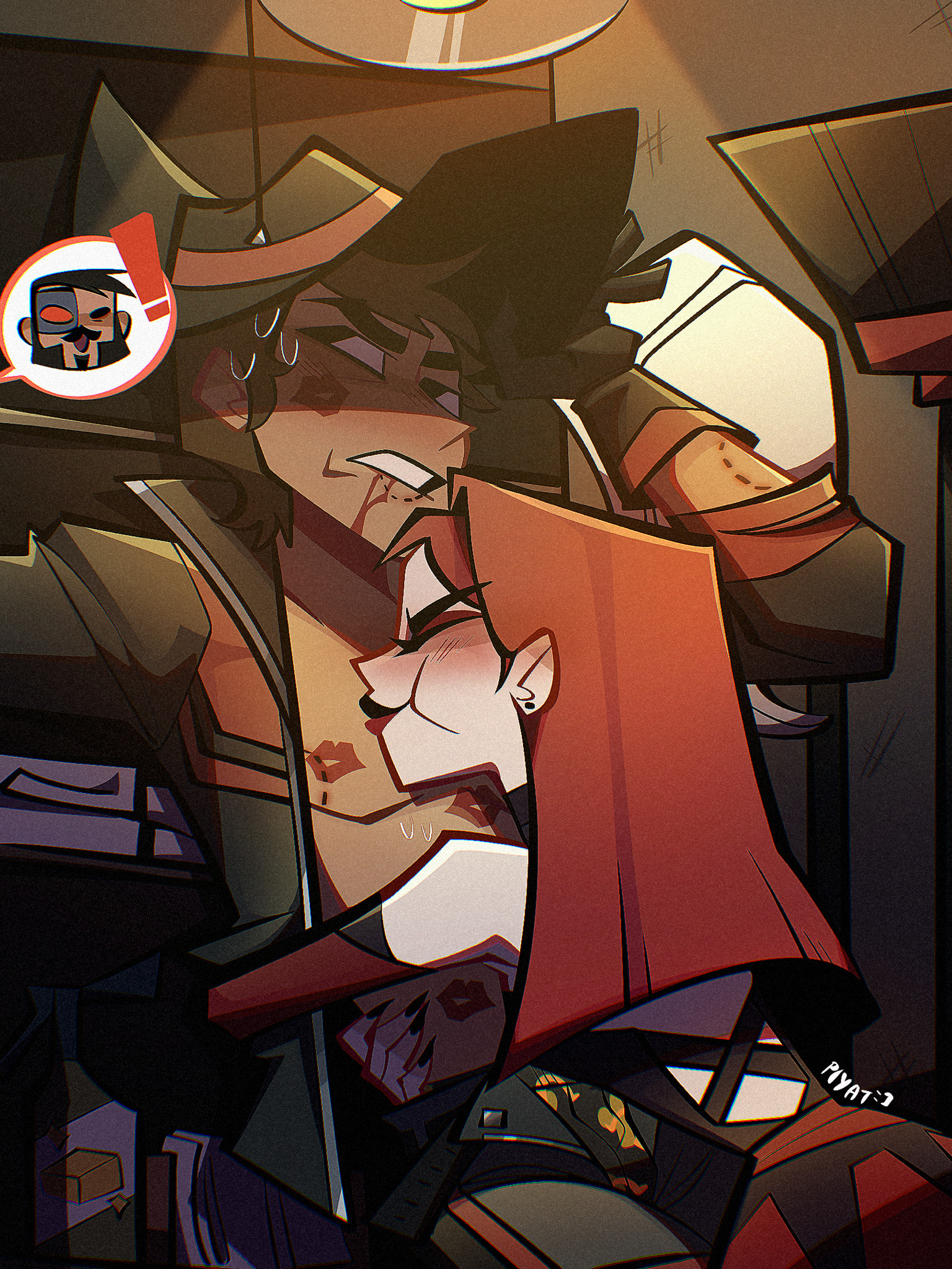 erron black, kano (mortal kombat), skarlet, mortal kombat (series), mortal kombat 11, commentary, english commentary, highres, !, 1boy, 1girl, 2boys, brown hair, closed eyes, closet, couple, cowboy, happy, hat, hetero, long hair, multiple boys, piyat-tidaaaa, red hair, short hair, western