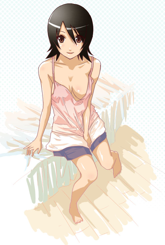 sakebuotoko, hitou nami, sayonara zetsubou sensei, 00s, 1girl, bare shoulders, barefoot, bed, black hair, breasts, brown eyes, camisole, female focus, no bra, short hair, shorts, sitting, smile, solo