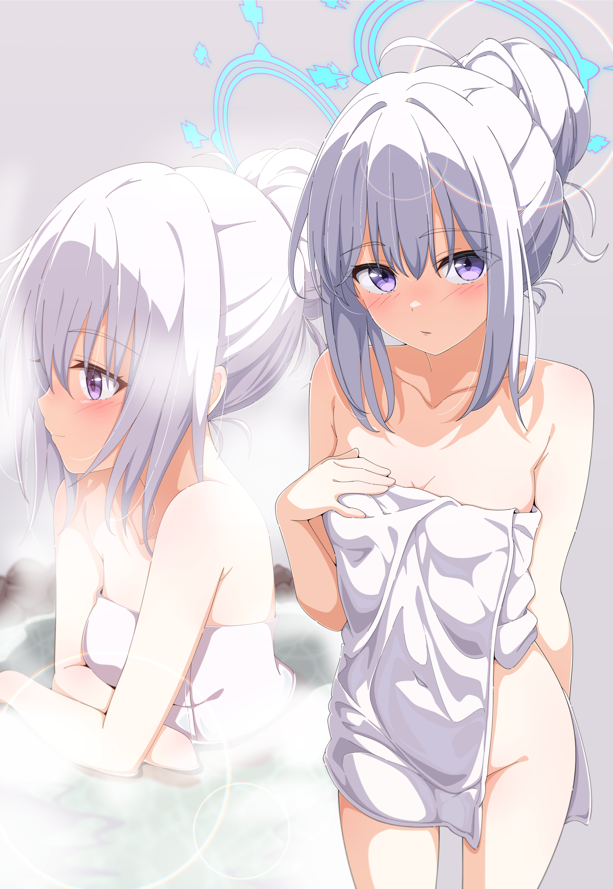 kame (nokonoko10271), miyako (blue archive), blue archive, absurdres, commentary, highres, 1girl, blue hair, blue halo, blush, breasts, closed mouth, hair bun, halo, looking at viewer, multiple views, naked towel, open mouth, partially submerged, purple eyes, short hair, single hair bun, small breasts, towel, water