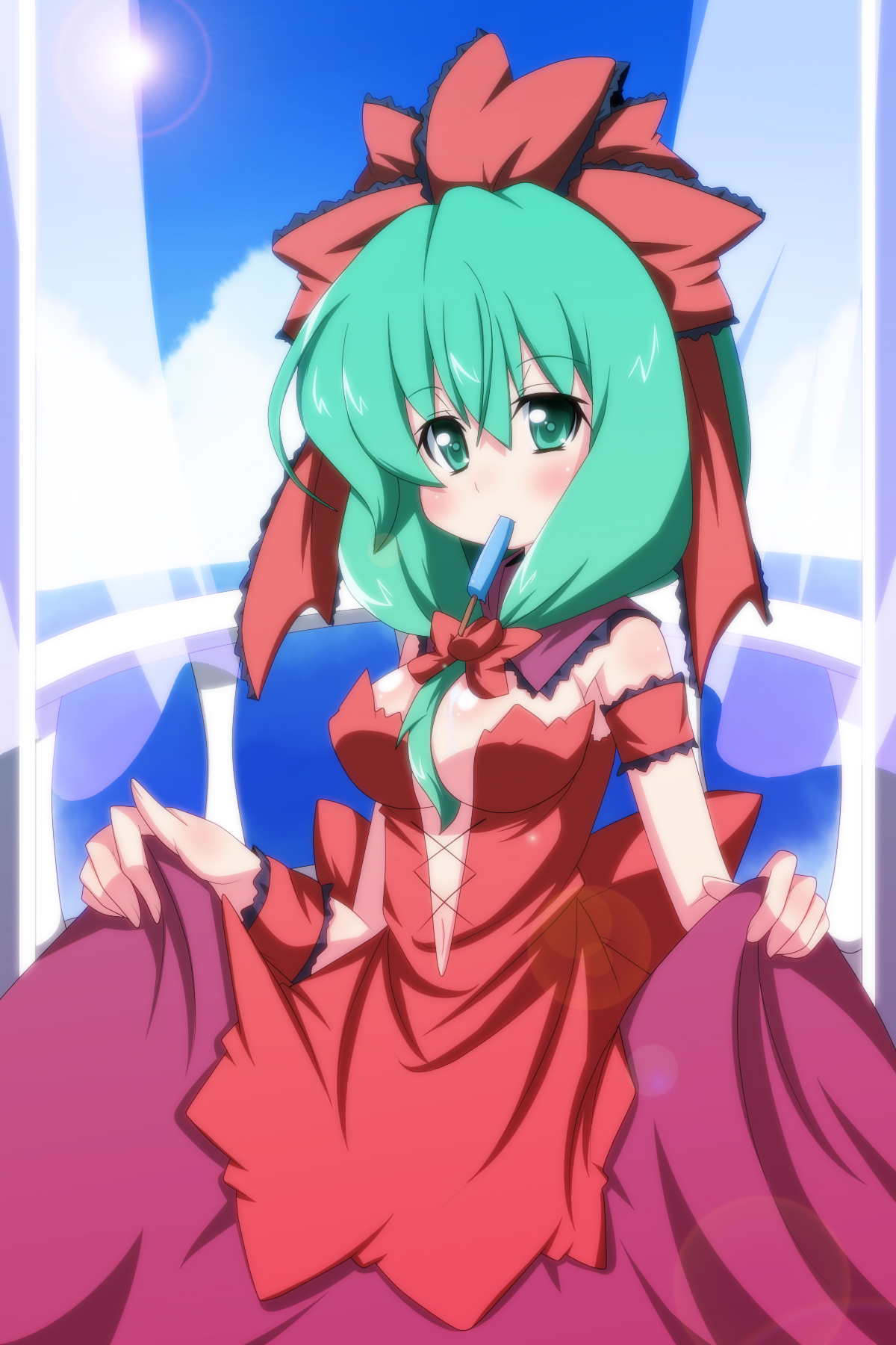 oborotsuki kakeru, kagiyama hina, touhou, highres, 1girl, bow, breasts, cleavage, dress, female focus, food, front ponytail, green eyes, green hair, matching hair/eyes, medium breasts, popsicle, skirt hold, solo