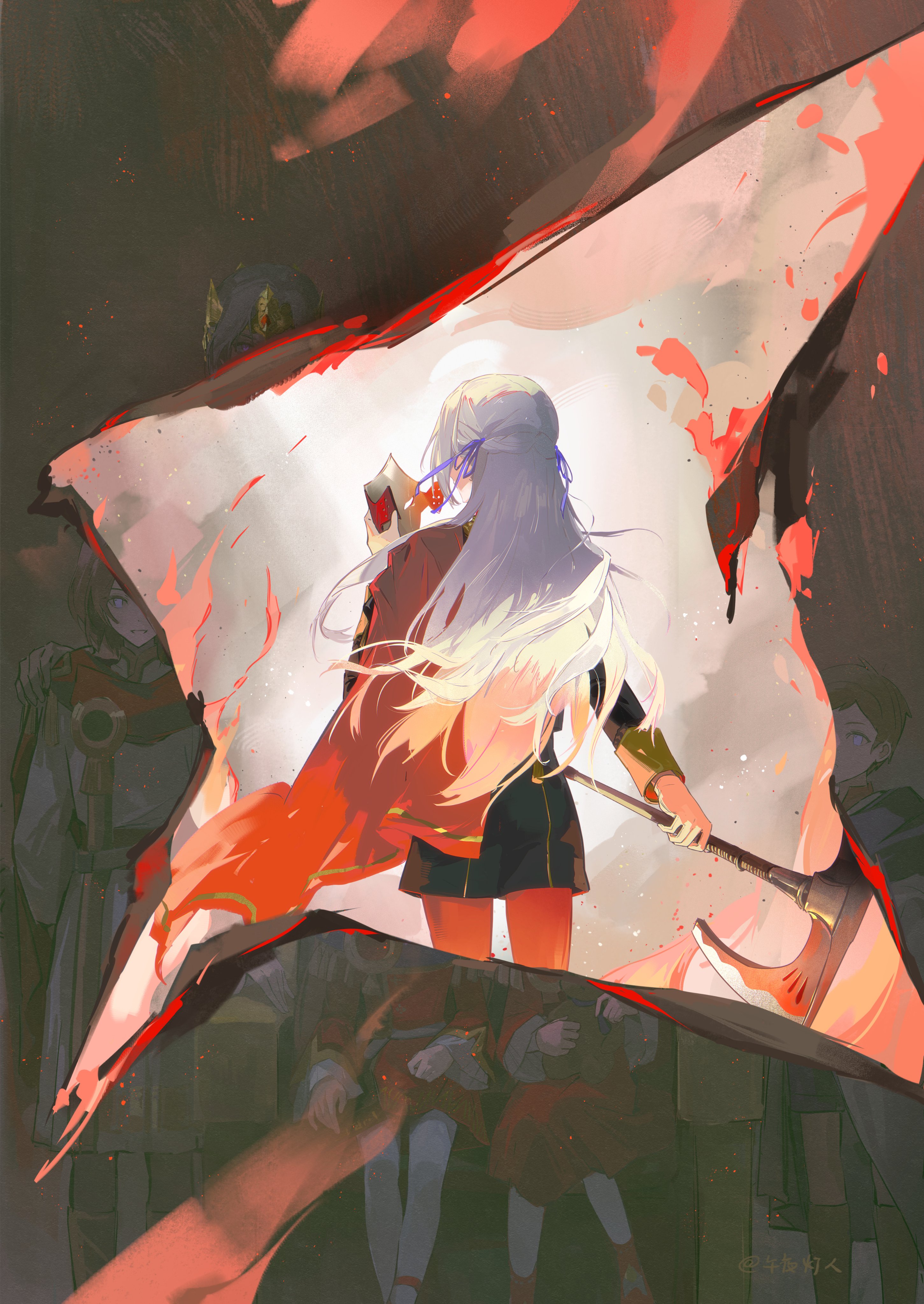 artuvia, edelgard von hresvelg, fire emblem, fire emblem: three houses, nintendo, absurdres, hashtag-only commentary, highres, axe, cape, hair ribbon, holding, holding axe, long hair, pantyhose, ribbon, white hair