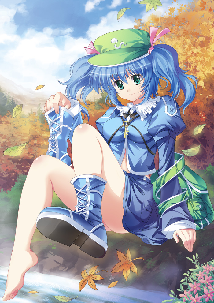 pico (picollector79), kawashiro nitori, touhou, bad id, bad pixiv id, 1girl, aqua eyes, autumn, barefoot, blue hair, boots, feet, female focus, flower, hat, key, leaf, shoes, single shoe, sitting, solo, twintails, two side up, water