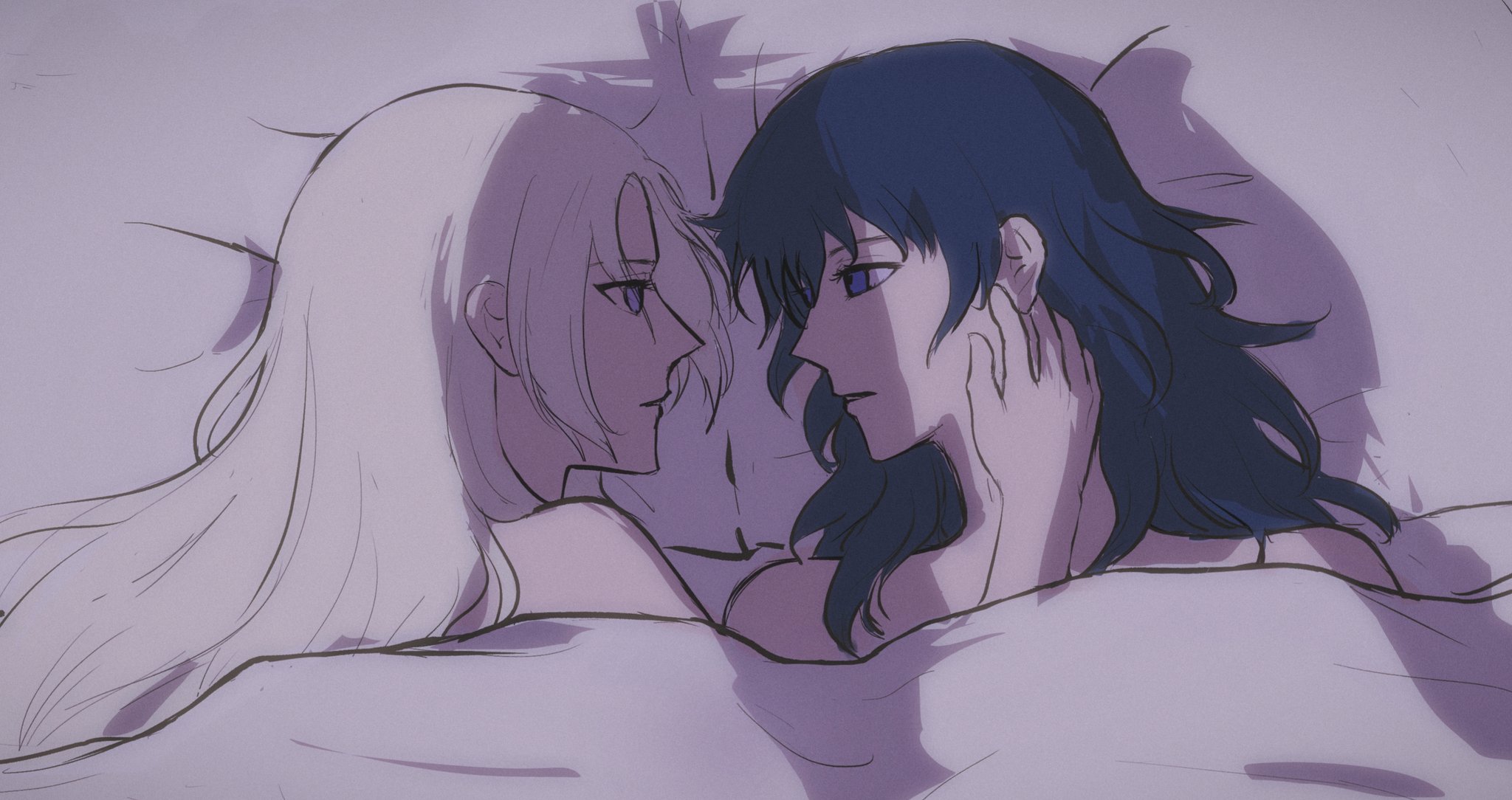 edelgard von hresvelg, female byleth (fire emblem), fire emblem, fire emblem: three houses, nintendo, hashtag-only commentary, highres, 2girls, bigfiiish321, blanket, blue eyes, blue hair, multiple girls, pillow, purple eyes, staring, under covers, white hair, yuri