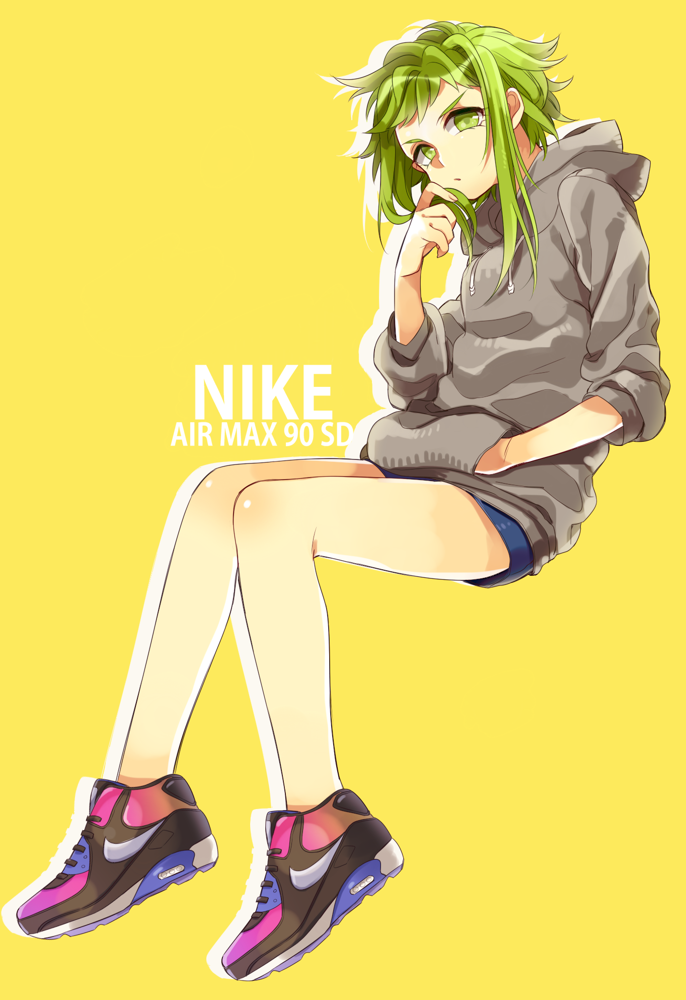 haru (oomr005), gumi, nike (company), vocaloid, commentary, highres, 1girl, alternate costume, bare legs, closed mouth, green eyes, green hair, grey hoodie, hand in pocket, hood, hood down, hoodie, invisible chair, outline, shoes, short hair with long locks, short shorts, shorts, simple background, sitting, sneakers, solo, white outline, yellow background