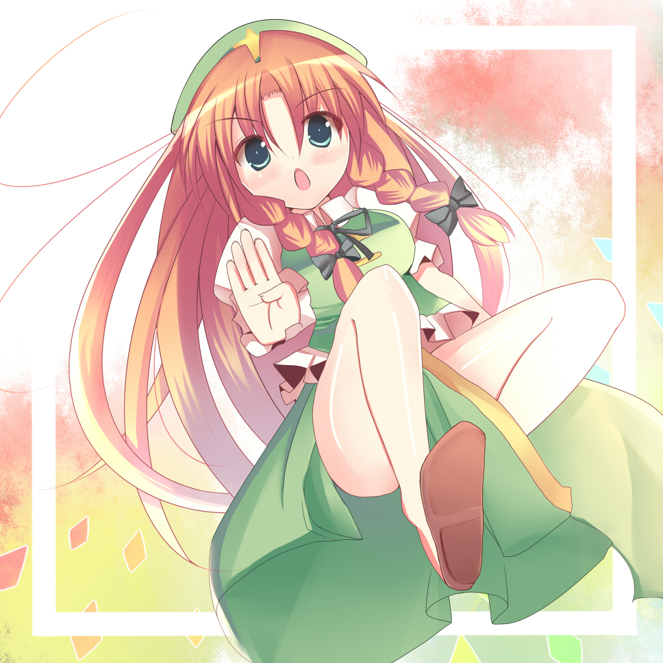 tsunono, hong meiling, immaterial and missing power, touhou, 1girl, aqua eyes, braid, female focus, red hair, solo