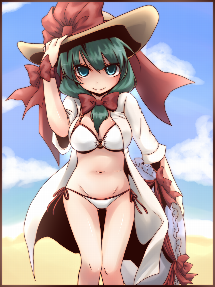 urita (vivivinicol), kagiyama hina, touhou, 1girl, adapted costume, aqua hair, beach, bikini, blue eyes, border, breasts, day, female focus, front ponytail, green eyes, green hair, hair ribbon, hand on headwear, hat, innertube, jacket, large breasts, matching hair/eyes, o-ring, o-ring top, outdoors, panties, ribbon, short hair, side-tie bikini bottom, side-tie panties, solo, swim ring, swimsuit, underwear, white bikini, wrist ribbon