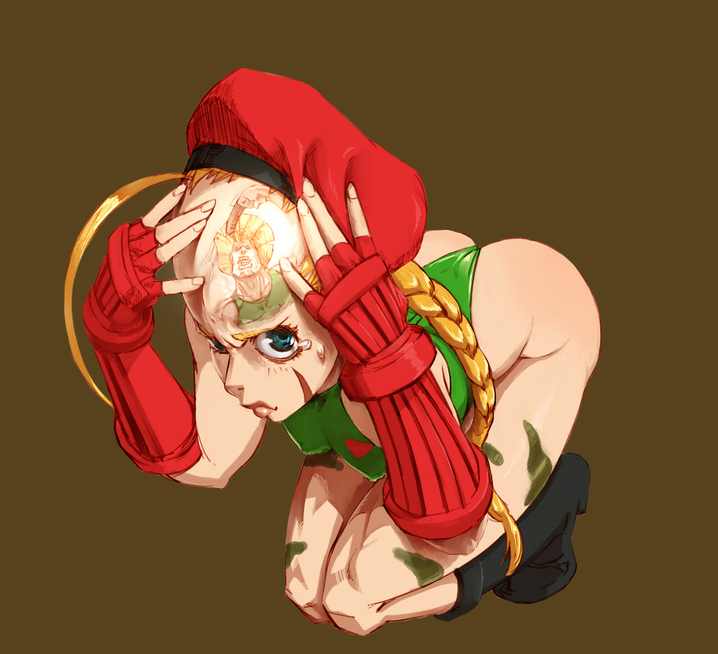 cammy white, capcom, street fighter, 1girl, ahoge, ass, bald, beret, blonde hair, braid, camouflage, female focus, fingerless gloves, forehead, gloves, hat, huge ahoge, leotard, reflection, scar, simple background, solo, tattoo, tears, thong leotard, twin braids