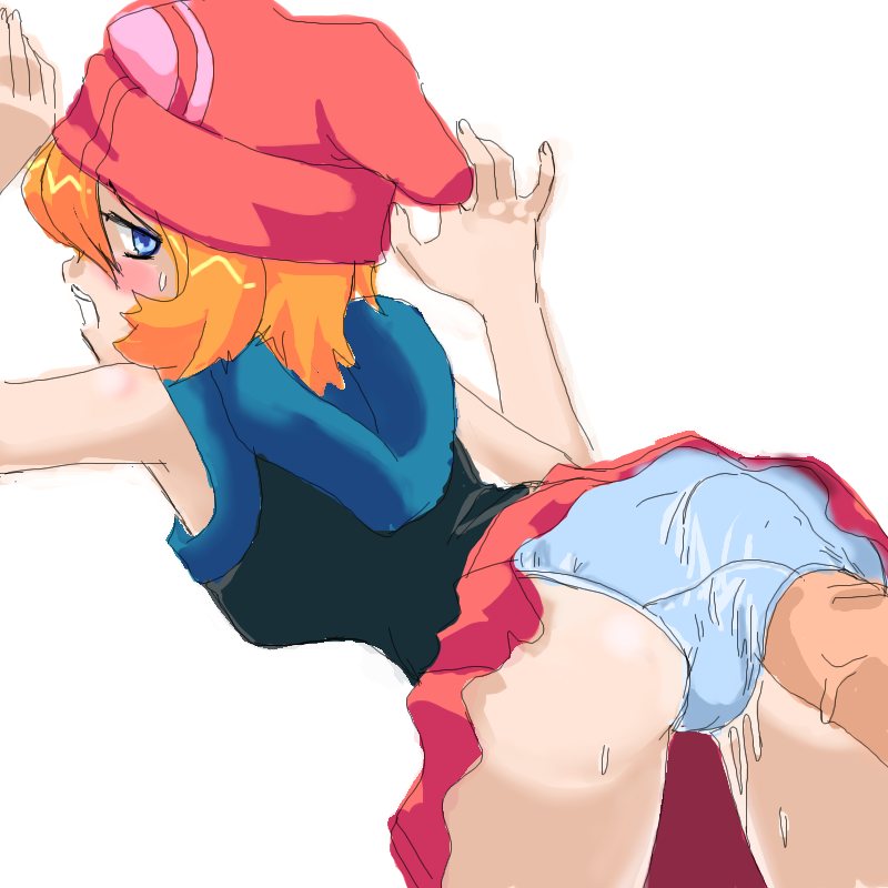 dismay, dismay (pokemon), nintendo, pokemon, 1girl, ass, blue eyes, orange hair, panties, penis, penis in panties, uncensored, underwear