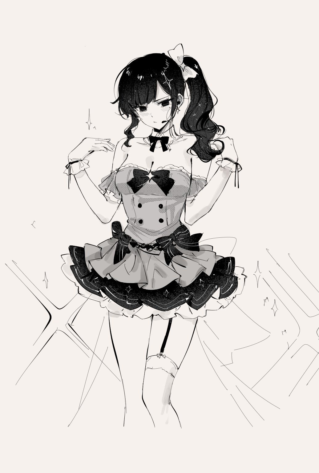 feint721, original, commentary, english commentary, highres, 1girl, arm garter, bare shoulders, blush, bow, bowtie, breasts, buttons, cleavage, closed mouth, double-breasted, dress, earpiece, earrings, feint721 (person), garter straps, genderswap, genderswap (mtf), grey background, greyscale, hair bow, hands up, idol, jewelry, long hair, medium breasts, mole, mole under eye, monochrome, side ponytail, simple background, single garter strap, single thighhigh, solo, star (symbol), star earrings, strapless, strapless dress, thighhighs, thighs