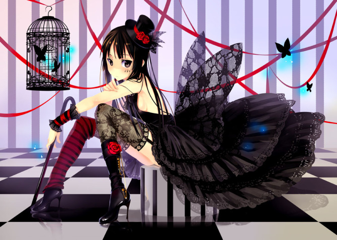 ushi (newrein), akiyama mio, k-on!, striped, bad id, bad pixiv id, 00s, 1girl, black eyes, black hair, blunt bangs, breasts, bug, butterfly, cage, cane, dress, female focus, flower, gloves, hat, hime cut, insect, lace, long hair, mini hat, mini top hat, sideboob, sitting, skirt, solo, thighhighs, top hat, wings