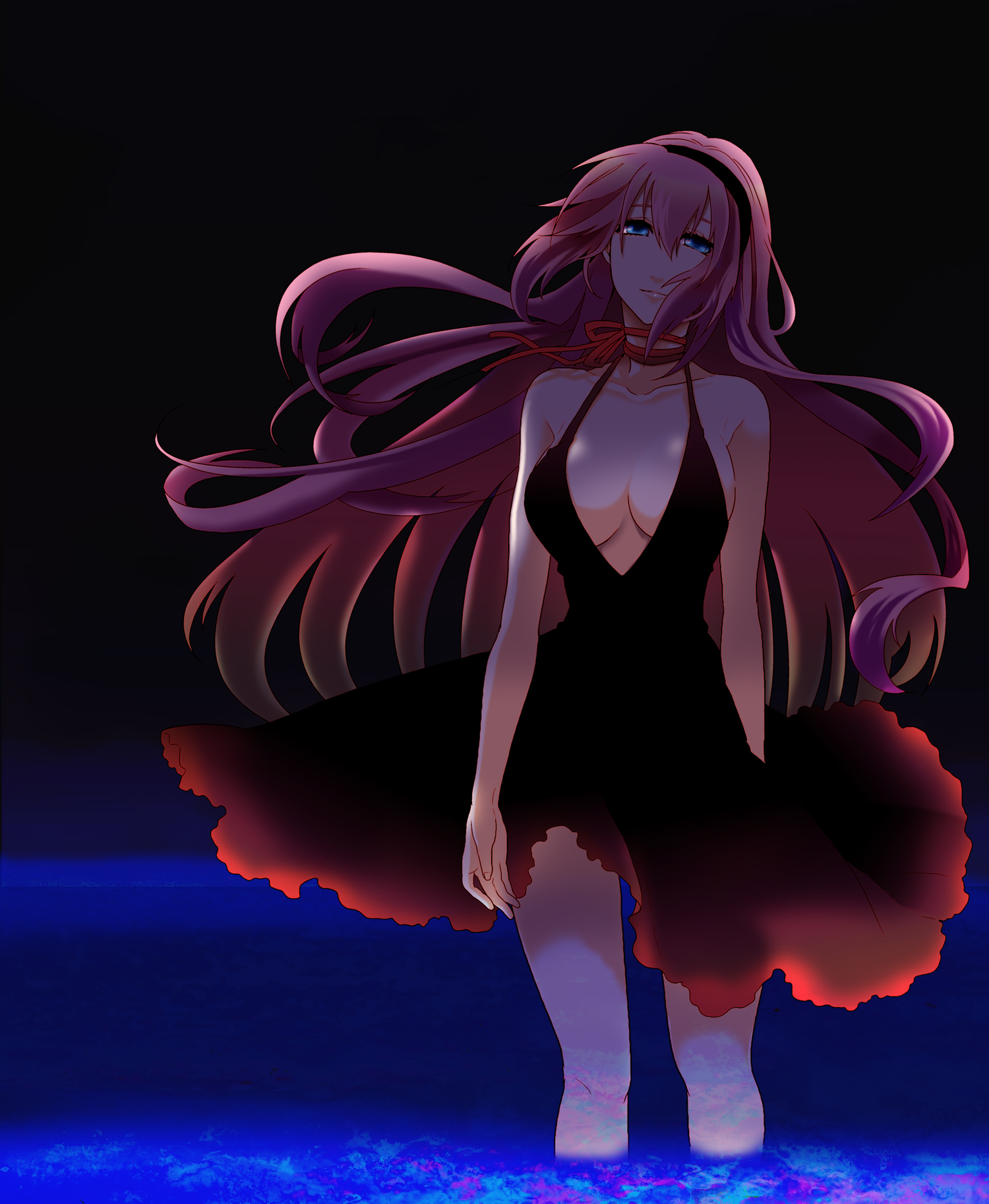 kondoru, megurine luka, vocaloid, bad id, bad pixiv id, highres, 1girl, breasts, cleavage, dress, female focus, long hair, medium breasts, pink hair, solo, very long hair, water