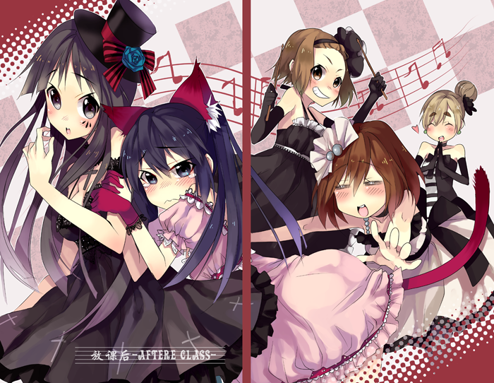 ushi (newrein), akiyama mio, hirasawa yui, kotobuki tsumugi, nakano azusa, tainaka ritsu, don't say "lazy", k-on!, eyebrows, bad id, bad pixiv id, 00s, 5girls, = =, animal ears, bare shoulders, black eyes, black hair, blonde hair, blue eyes, blunt bangs, blush, brown eyes, brown hair, cat ears, cat tail, closed eyes, dress, drumsticks, elbow gloves, english text, engrish text, gloves, grey eyes, grin, hairband, hat, heart, hime cut, ho-kago tea time, hug, jewelry, long hair, mini hat, mini top hat, multiple girls, musical note, necklace, pantyhose, ranguage, short hair, skirt, smile, tail, tears, top hat, twintails