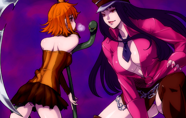 hairu, asmodeus (daemon bride), eve (daemon bride), yamisaka kureha, daemon bride, 2girls, back, black hair, breasts, chain, cleavage, covered erect nipples, from behind, hat, large breasts, lipstick, long hair, looking back, makeup, multiple girls, necktie, no bra, orange hair, panties, pantyshot, peaked cap, pink panties, red eyes, scythe, short hair, skirt, smile, snake, thighhighs, underwear, zettai ryouiki