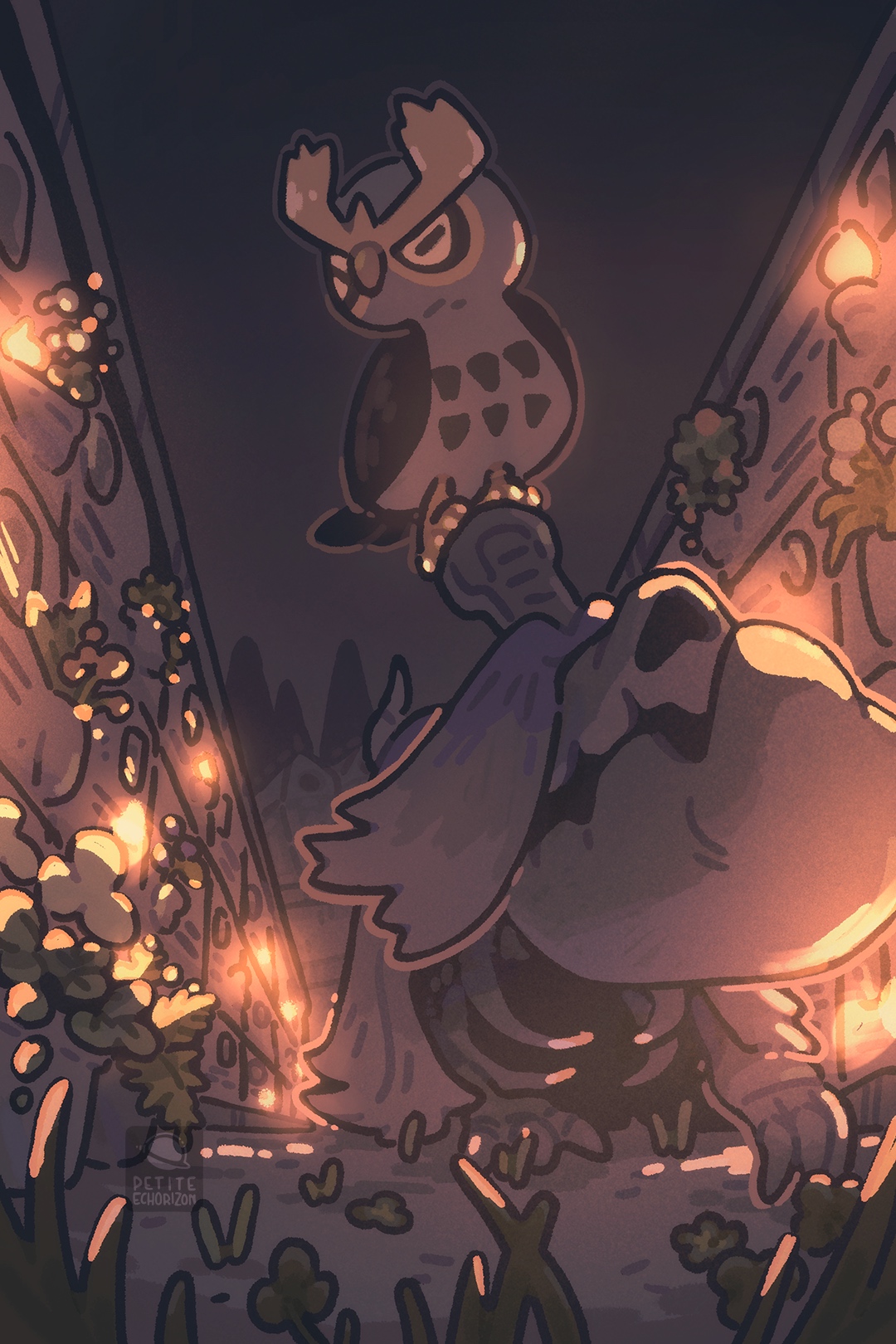 petite echorizon, houndstone, noctowl, nintendo, pokemon, commentary, english commentary, highres, beak, bird, gen 2 pokemon, grass, grave, graveyard, mausoleum, night, no humans, outdoors, owl, pokemon (creature), pokemon focus, talons, tombstone