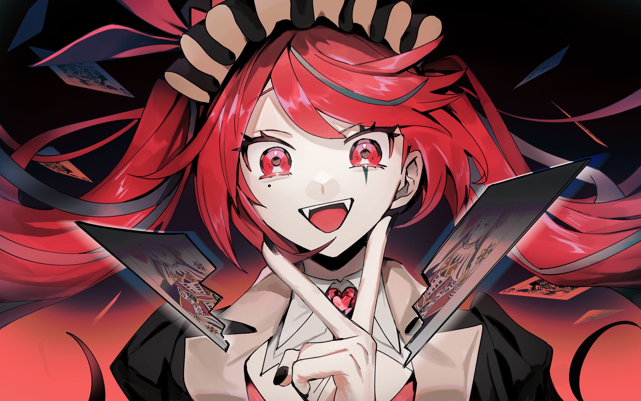 soyaka, hatsune miku, vocaloid, commentary request, highres, revision, textless version, 1girl, anti-joker (vocaloid), black nails, broken, card, facial mark, grey hair, heart, long hair, maid headdress, mole, mole under eye, multicolored hair, open mouth, playing card, portrait, red eyes, red hair, smile, solo, streaked hair, twintails, two-tone hair