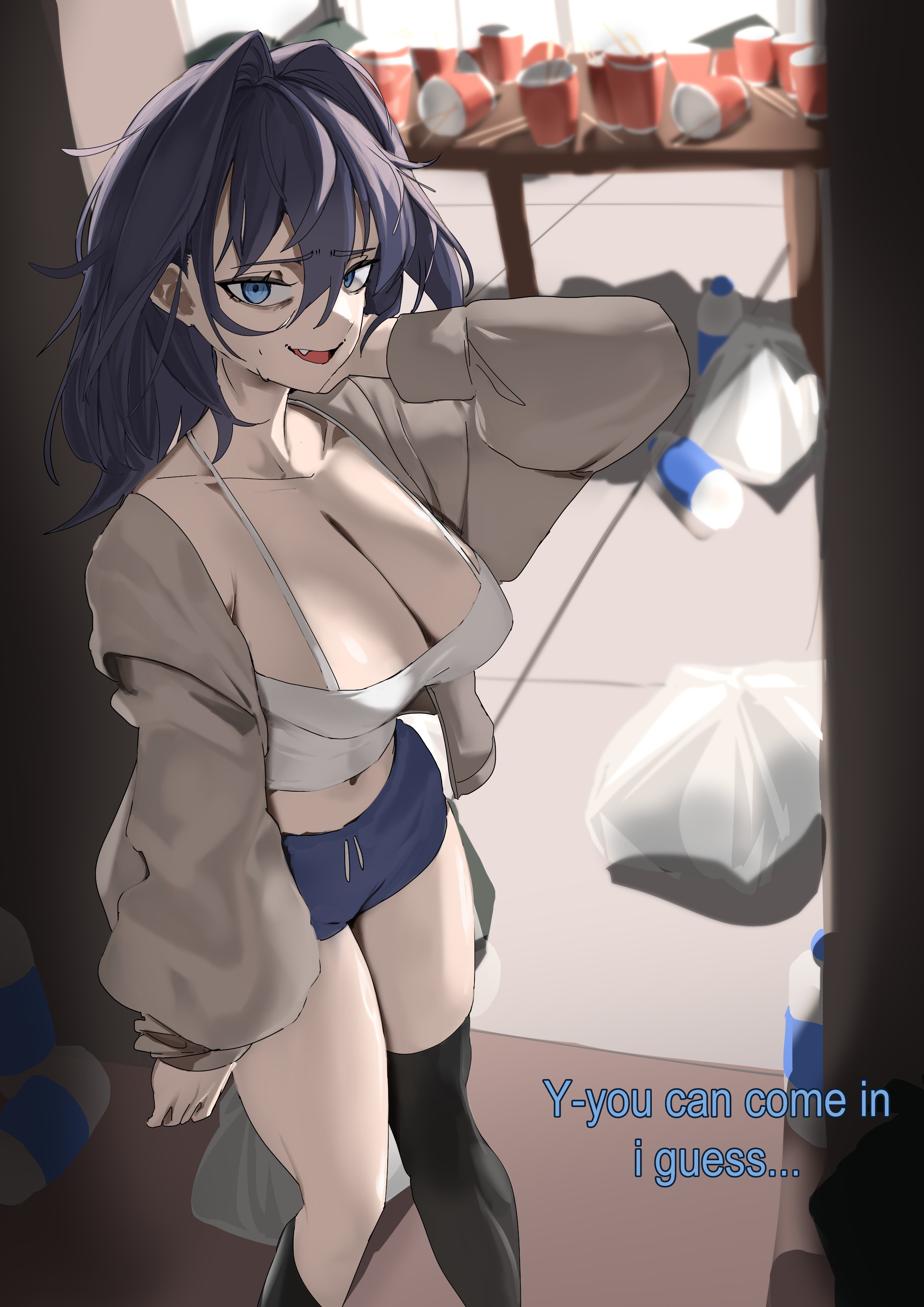 daaku (koizumi arata), ouro kronii, hololive, hololive english, absurdres, commentary, english commentary, highres, 1girl, :d, black hair, black socks, black thighhighs, blue eyes, blue shorts, breasts, camisole, cleavage, collarbone, english text, fang, grey jacket, hair between eyes, indoors, jacket, kneehighs, large breasts, long hair, long sleeves, looking at viewer, messy hair, messy room, midriff, navel, open clothes, open jacket, open mouth, plastic bottle, puffy long sleeves, puffy sleeves, short shorts, shorts, single kneehigh, single sock, single thighhigh, smile, socks, solo, spaghetti strap, table, thighhighs, tile floor, tiles, too many, trash bag, virtual youtuber, white camisole