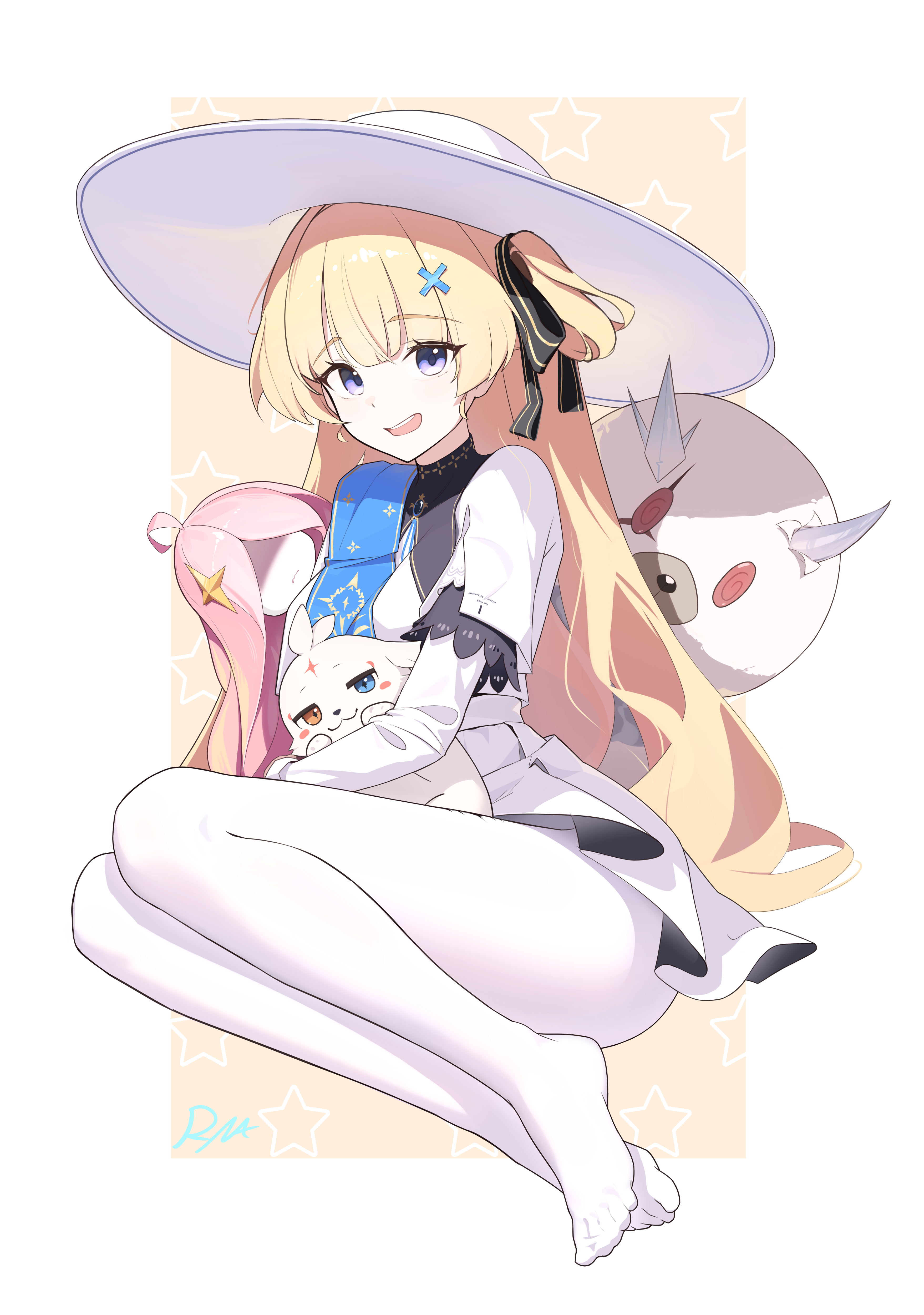 ryua (user kedz2257), abby (wuthering waves), phoebe (wuthering waves), wuthering waves, absurdres, commentary, highres, 1girl, blonde hair, blue sash, breasts, hair ornament, hat, long hair, long sleeves, looking at viewer, medium breasts, nimbus wraith (wuthering waves), no shoes, open mouth, pantyhose, purple eyes, sash, shirt, skirt, smile, solo, tacet discord (wuthering waves), very long hair, white hat, white pantyhose, white shirt, white skirt, x hair ornament