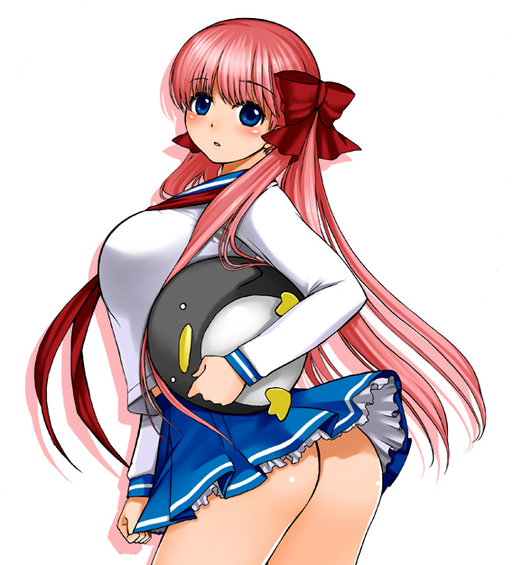 yamada ichizoku, etopen, haramura nodoka, saki (manga), 00s, 1girl, ass, breasts, female focus, large breasts, looking back, no panties, school uniform, serafuku, solo, white background