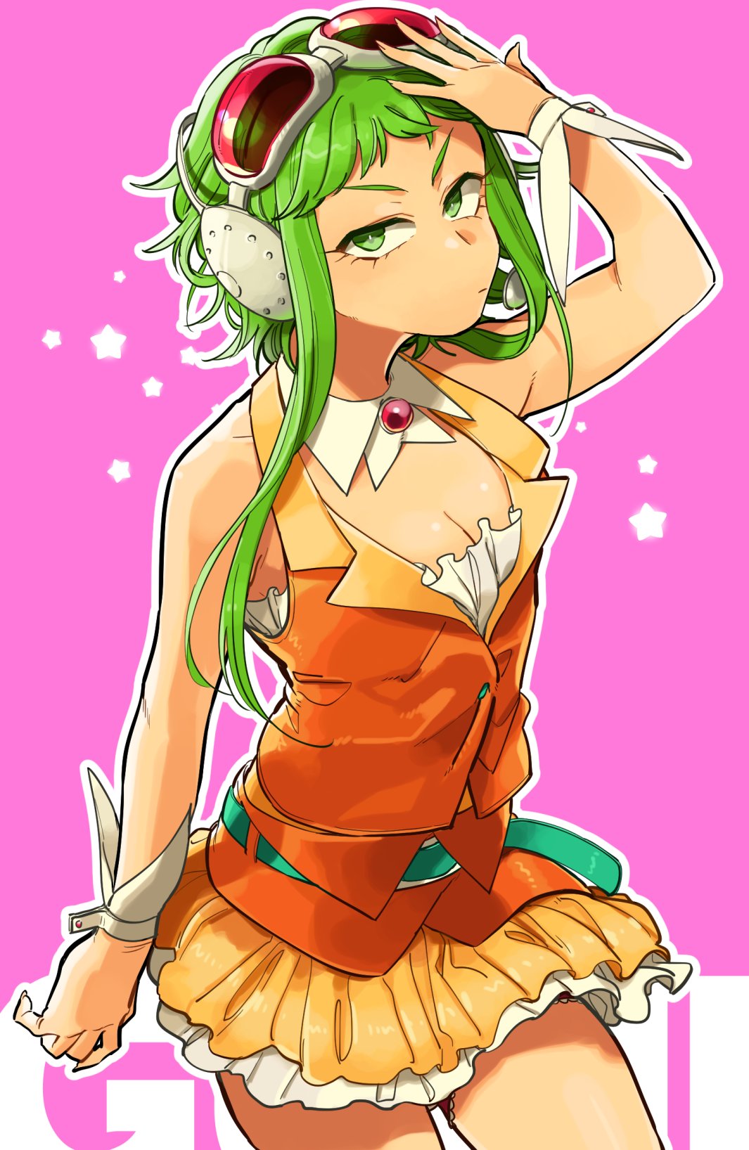 haru (oomr005), gumi, vocaloid, commentary request, highres, 1girl, bare shoulders, belt, breasts, character name, cleavage, goggles, goggles on head, green eyes, green hair, hand on own head, headphones, looking at viewer, medium breasts, orange skirt, short hair with long locks, simple background, skirt, sleeveless, solo, star (symbol), wrist cuffs