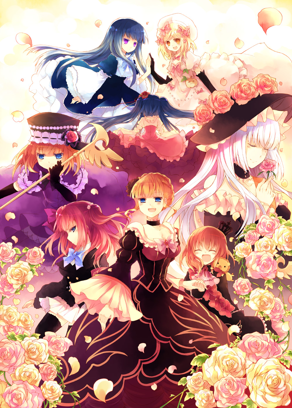 suzushiro kurumi, beatrice (umineko), eva beatrice, frederica bernkastel, furudo erika, lambdadelta, maria (umineko), sakutarou (umineko), ushiromiya ange, virgilia (umineko), umineko no naku koro ni, highres, 00s, 6+girls, back, belt, blonde hair, blue eyes, blue hair, bow, choker, closed eyes, crown, dress, elbow gloves, fang, flower, frills, gloves, hair bobbles, hair bow, hair ornament, hat, hime cut, holding hands, jacket, laughing, multiple girls, multiple hair bows, orange eyes, orange hair, petals, pink bow, pumpkin, purple eyes, red hair, ribbon, rose, scepter, smile, stuffed animal, stuffed lion, stuffed toy, thighhighs, twintails, white hair, zettai ryouiki