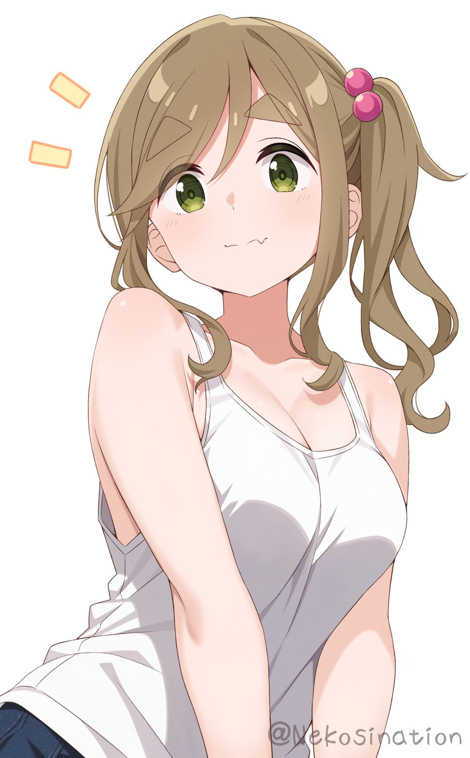 nekosination, inuyama aoi, yurucamp, commentary request, highres, 1girl, bare arms, blush, breasts, brown hair, cleavage, closed mouth, collarbone, fang, green eyes, hair bobbles, hair ornament, large breasts, looking at viewer, medium breasts, notice lines, side ponytail, simple background, skin fang, solo, tank top, thick eyebrows, twitter username, upper body, white background, white tank top
