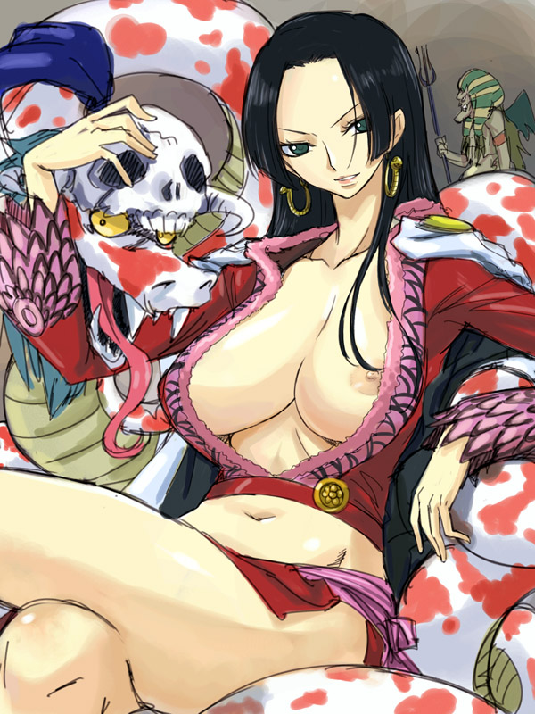 michael f91, boa hancock, hannyabal (one piece), salome (one piece), one piece, 1boy, 1girl, black hair, breasts, crossed legs, earrings, green eyes, huge breasts, jewelry, long hair, midriff, nipple slip, nipples, no bra, sitting, skirt, skull, smile, snake