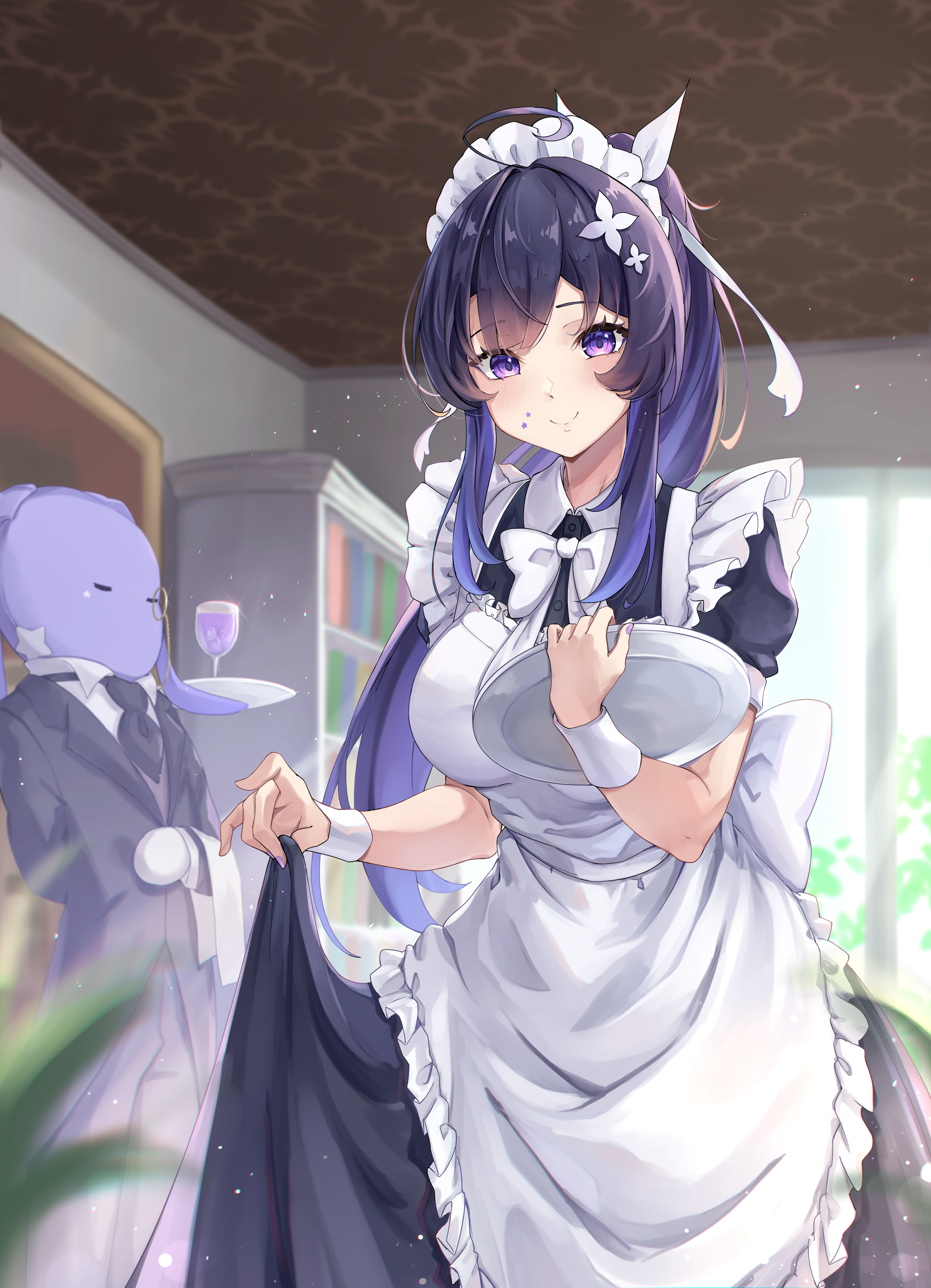 masamune (rasyid.khan.965), indie virtual youtuber, absurdres, commentary, english commentary, highres, 1girl, ahoge, apron, back bow, black dress, black hair, black suit, bow, bowtie, breasts, butler, closed mouth, deidey, dress, facial mark, flower, formal clothes, hair flower, hair ornament, holding, holding tray, long hair, maid, maid headdress, monocle, purple eyes, purple nails, shirt, smile, star (symbol), star facial mark, suit, tray, virtual youtuber, white apron, white bow, white bowtie, white flower, white shirt, white wrist cuffs, wrist cuffs