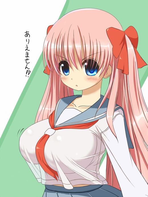 shuz (dodidu), haramura nodoka, saki (manga), 00s, 1girl, :o, blue eyes, blue skirt, blush, breasts, collarbone, female focus, green background, large breasts, long hair, long sleeves, pink hair, pleated skirt, school uniform, serafuku, simple background, skirt, solo, twintails, very long hair, white background