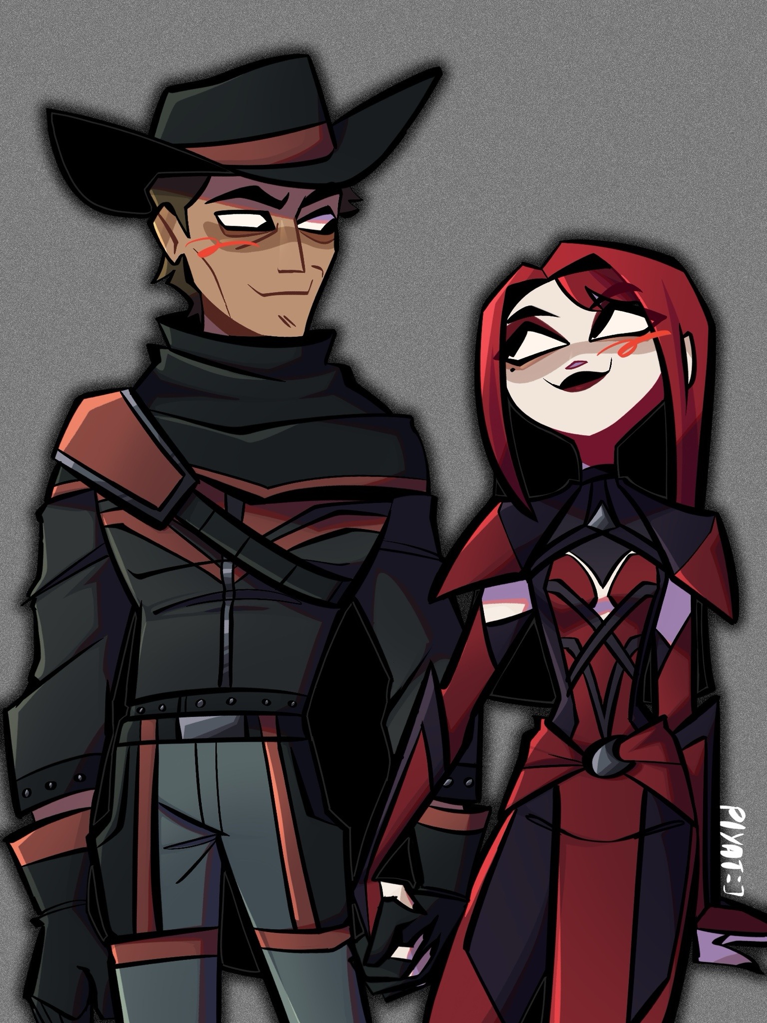 erron black, skarlet, mortal kombat (series), mortal kombat 11, commentary, english commentary, highres, 1boy, 1girl, brown hair, couple, cowboy, grey background, happy, hat, hetero, holding hands, long hair, looking at another, piyat-tidaaaa, red hair, short hair, simple background, western