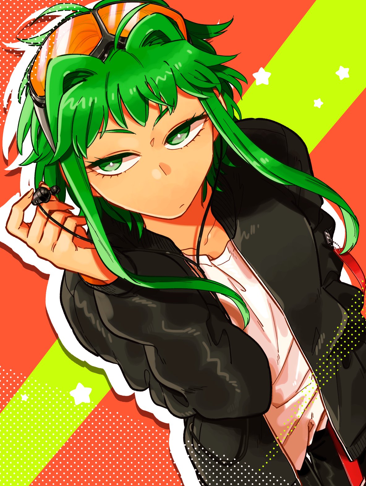 haru (oomr005), gumi, vocaloid, commentary, highres, 1girl, black jacket, closed mouth, earphones, eyelashes, goggles, goggles on head, green eyes, green hair, holding, holding earphones, jacket, long sleeves, open clothes, open jacket, shirt, short hair with long locks, simple background, solo, star (symbol), white shirt