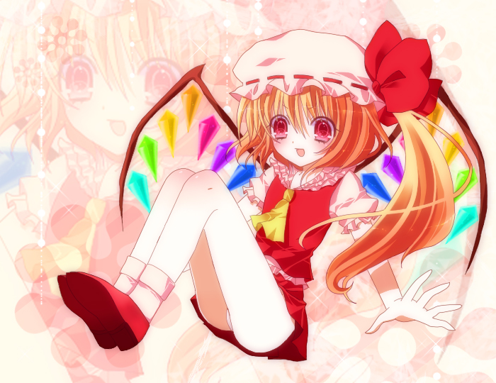 hane sotsu, flandre scarlet, touhou, 1girl, blonde hair, bobby socks, female focus, flower, panties, pantyshot, red eyes, side ponytail, socks, solo, sparkle, underwear, wings, zoom layer