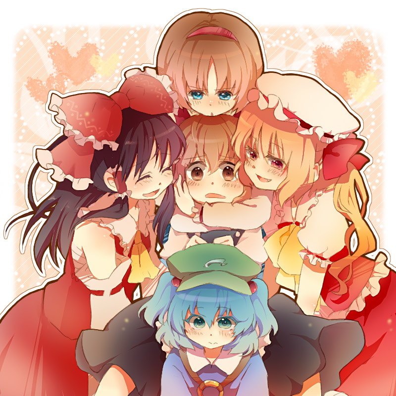 ena (artist), hats260, alice margatroid, flandre scarlet, hakurei reimu, kawashiro nitori, kirisame marisa, touhou, bad id, bad pixiv id, 5girls, between legs, blonde hair, blush, fang, female focus, frills, heart, hug, multiple girls, sarashi, two side up