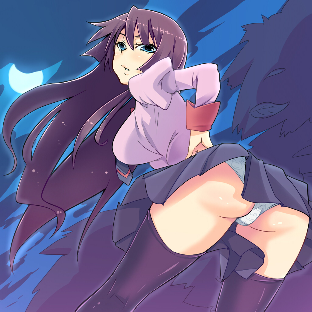 chimosaku, senjougahara hitagi, bakemonogatari, monogatari (series), 00s, 1girl, animal print, ass, bent over, blue eyes, female focus, frog panties, frog print, from behind, full moon, hand on own hip, hip focus, leaning forward, looking back, moon, night, panties, pantyshot, pleated skirt, print panties, purple hair, school uniform, skirt, solo, thighhighs, tree, trefoil, underwear, upskirt, white panties, wind, wind lift
