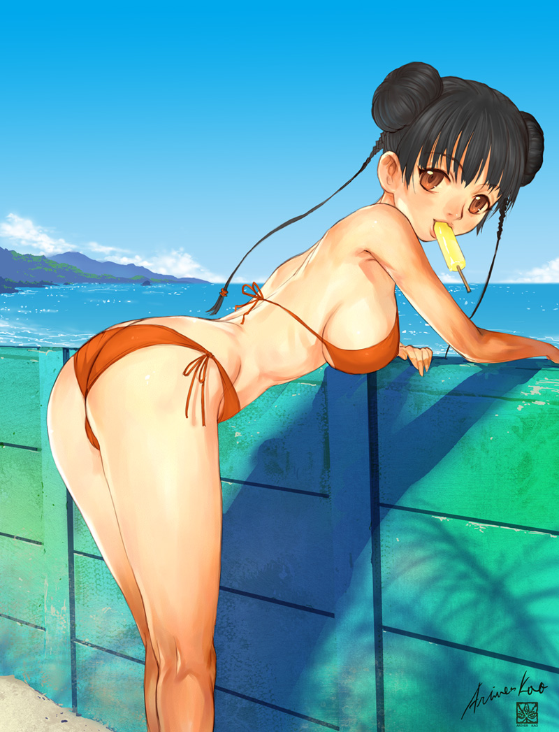 ariverkao, original, wall, 1girl, ass, beach, bent over, bikini, black eyes, black hair, breasts, brown eyes, day, donut hair bun, double bun, female focus, food, hair bun, large breasts, legs, lips, long hair, ocean, orange bikini, popsicle, seashore, sexually suggestive, side-tie bikini bottom, sideboob, solo, swimsuit