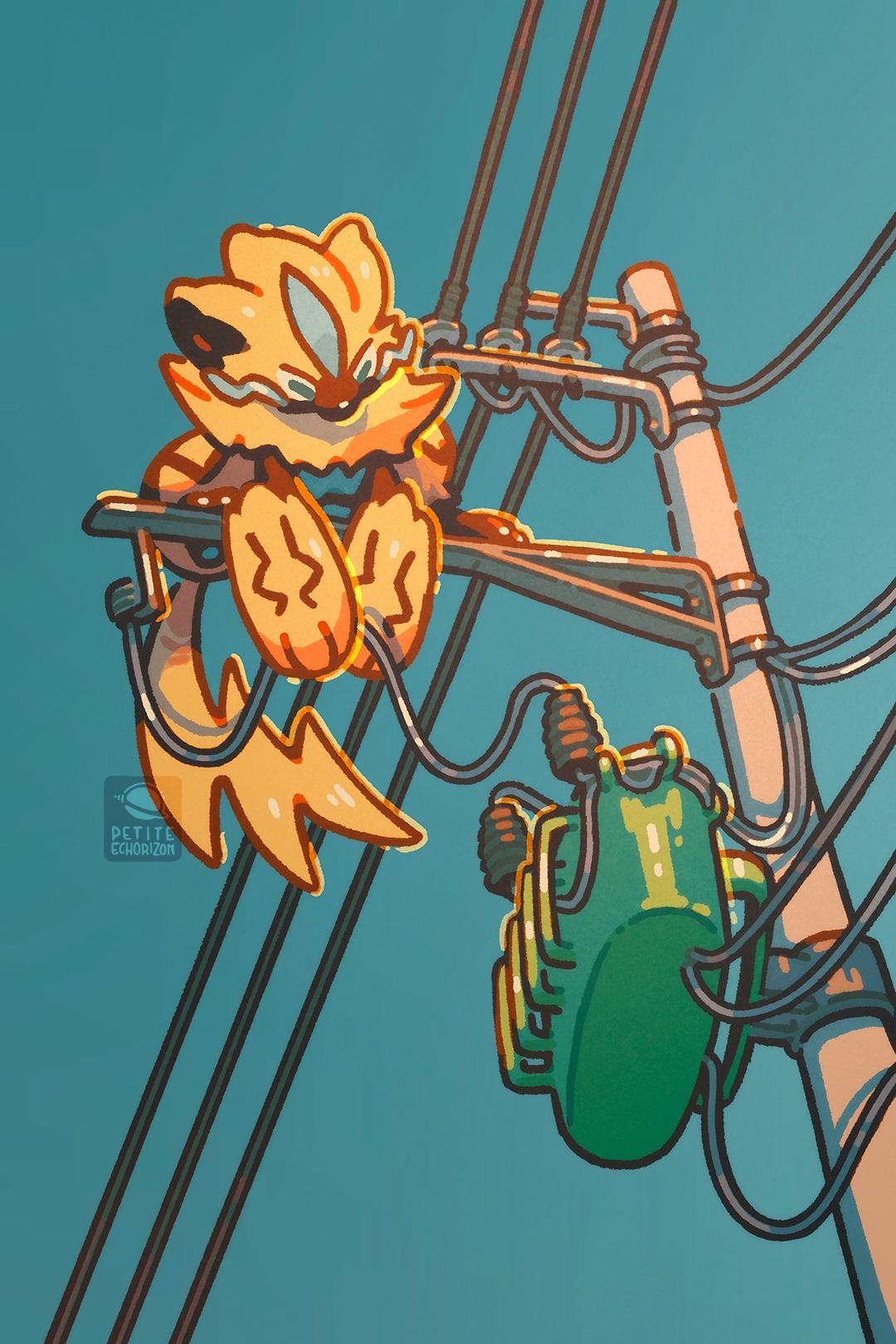 petite echorizon, zeraora, nintendo, pokemon, commentary, english commentary, highres, animal nose, blue fur, body fur, cable, claws, gen 7 pokemon, holding, holding cable, legendary pokemon, multicolored fur, mythical pokemon, neck fur, no humans, outdoors, pokemon (creature), power lines, sky, two-tone fur, utility pole, v-shaped eyes, whiskers, yellow fur