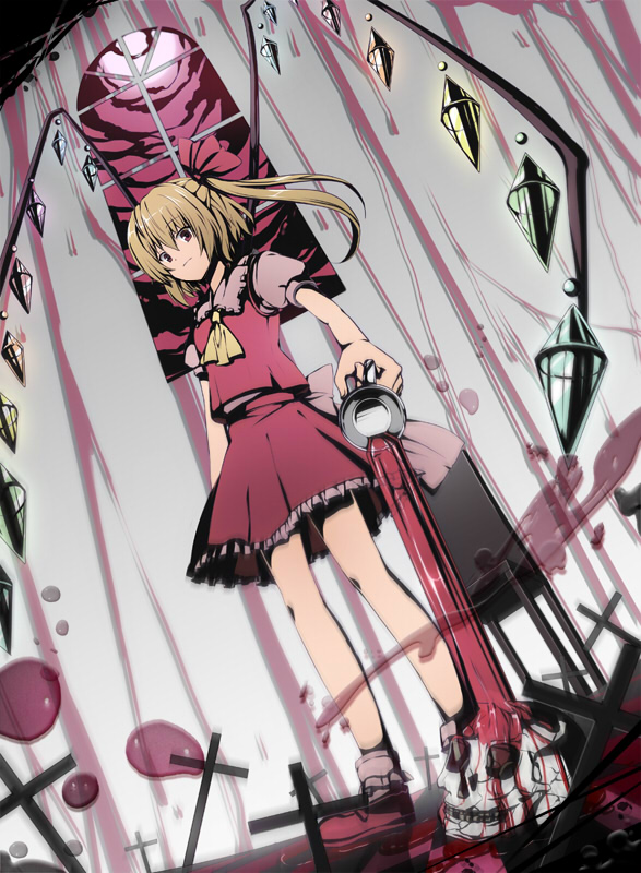 6u (eternal land), kiyu, flandre scarlet, touhou, bad id, bad pixiv id, 1girl, blonde hair, blood, blurry, cross, dutch angle, female focus, flat color, pouring, red eyes, side ponytail, skull, solo, window, wings