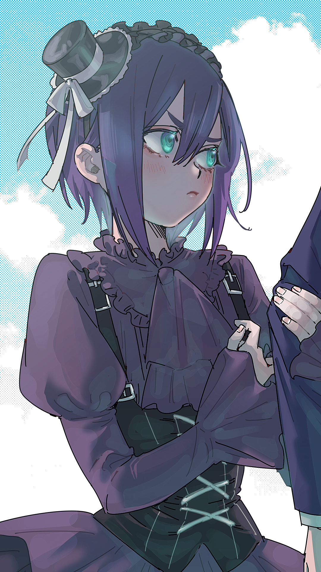 dr.k (doctorkodok), haraga kurumi, kimi no koto ga dai dai dai dai daisuki na 100-nin no kanojo, commentary, highres, 1girl, alternate costume, aqua eyes, arm hug, ascot, black dress, black hairband, blue sky, cloud, dress, frilled hairband, frilled shirt collar, frills, frown, gothic lolita, hair between eyes, hairband, hat, hat ribbon, juliet sleeves, light blush, lolita fashion, long sleeves, mini hat, mini top hat, out of frame, puffy sleeves, purple hair, ribbon, short hair, sky, sleeves past wrists, solo focus, tilted headwear, top hat, white ribbon