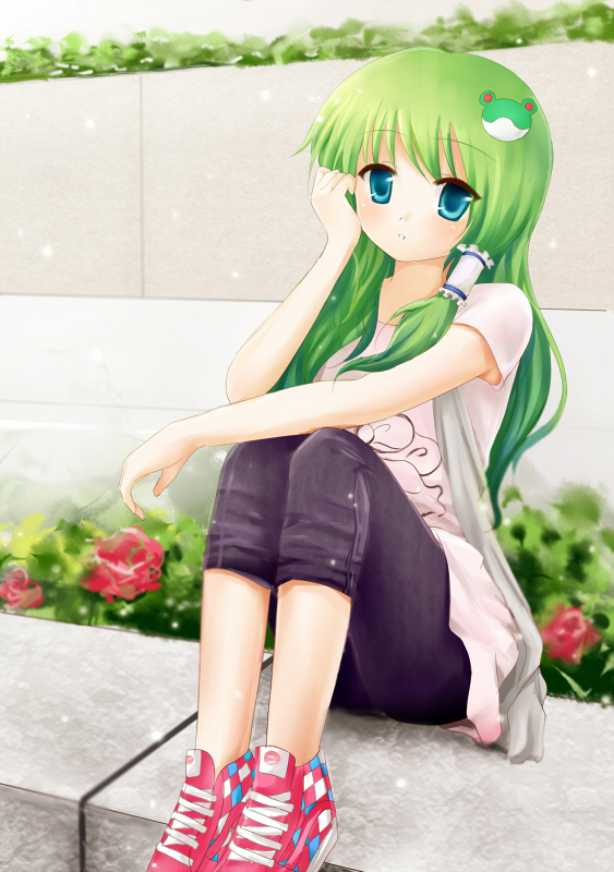 nikoo, kochiya sanae, touhou, bad id, bad pixiv id, 1girl, aqua eyes, casual, contemporary, female focus, frog, green hair, hair ornament, long hair, no socks, shoes, sneakers, solo