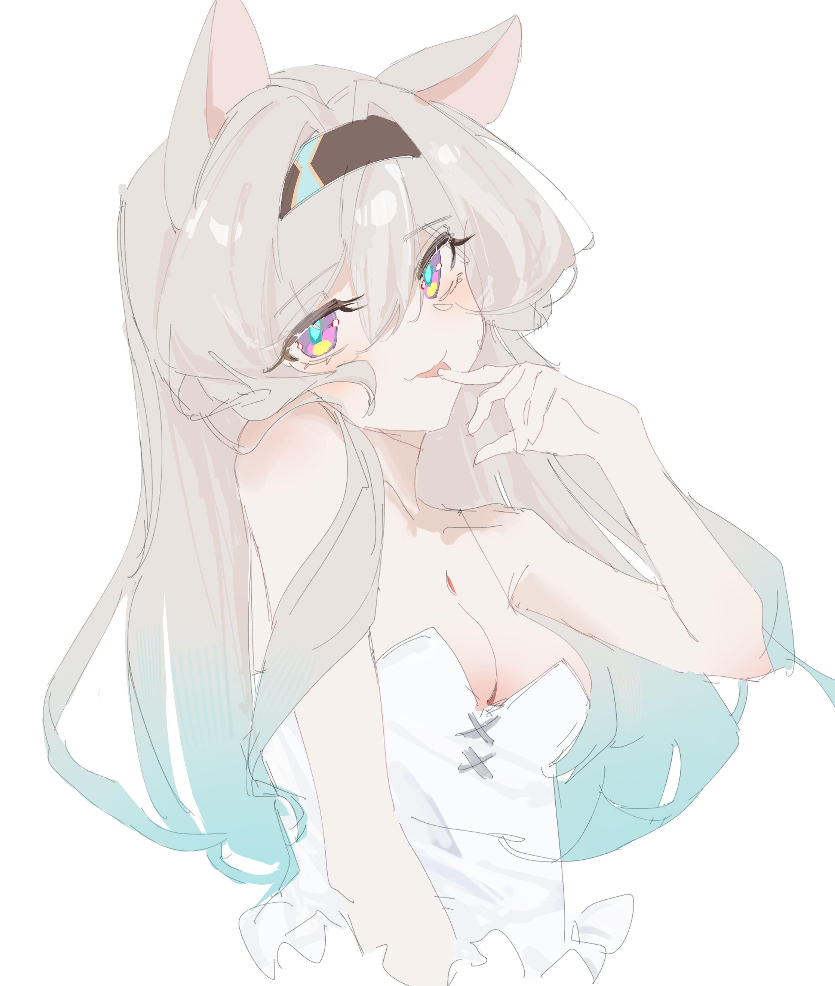 hua (yijing), firefly (honkai: star rail), honkai: star rail, honkai (series), absurdres, commentary, highres, symbol-only commentary, 1girl, animal ears, blush, breasts, brown hairband, cat ears, cleavage, finger to tongue, gradient hair, grey hair, hair between eyes, hair intakes, hairband, long hair, medium breasts, multicolored eyes, multicolored hair, off-shoulder shirt, off shoulder, shirt, solo, white shirt