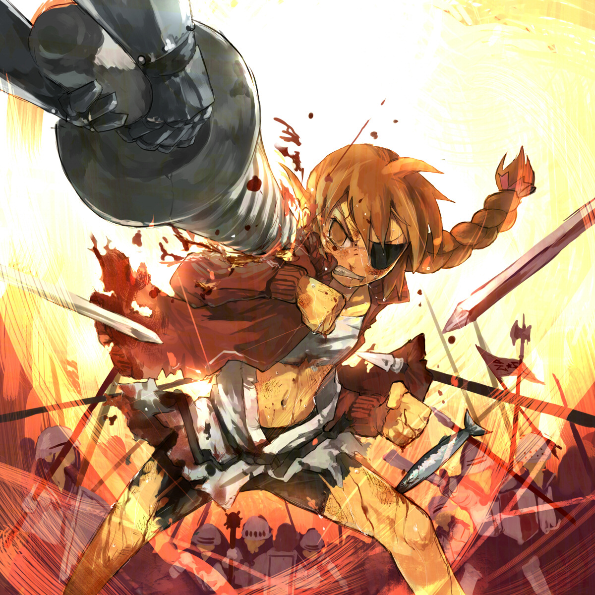 gregorius yamada, saitou chiharu, lhq, original, highres, 1girl, battle, bike shorts, blood, braid, drill, eyepatch, female focus, fish, polearm, pun, sarashi, solo, spear, sweat, sword, torn clothes, weapon